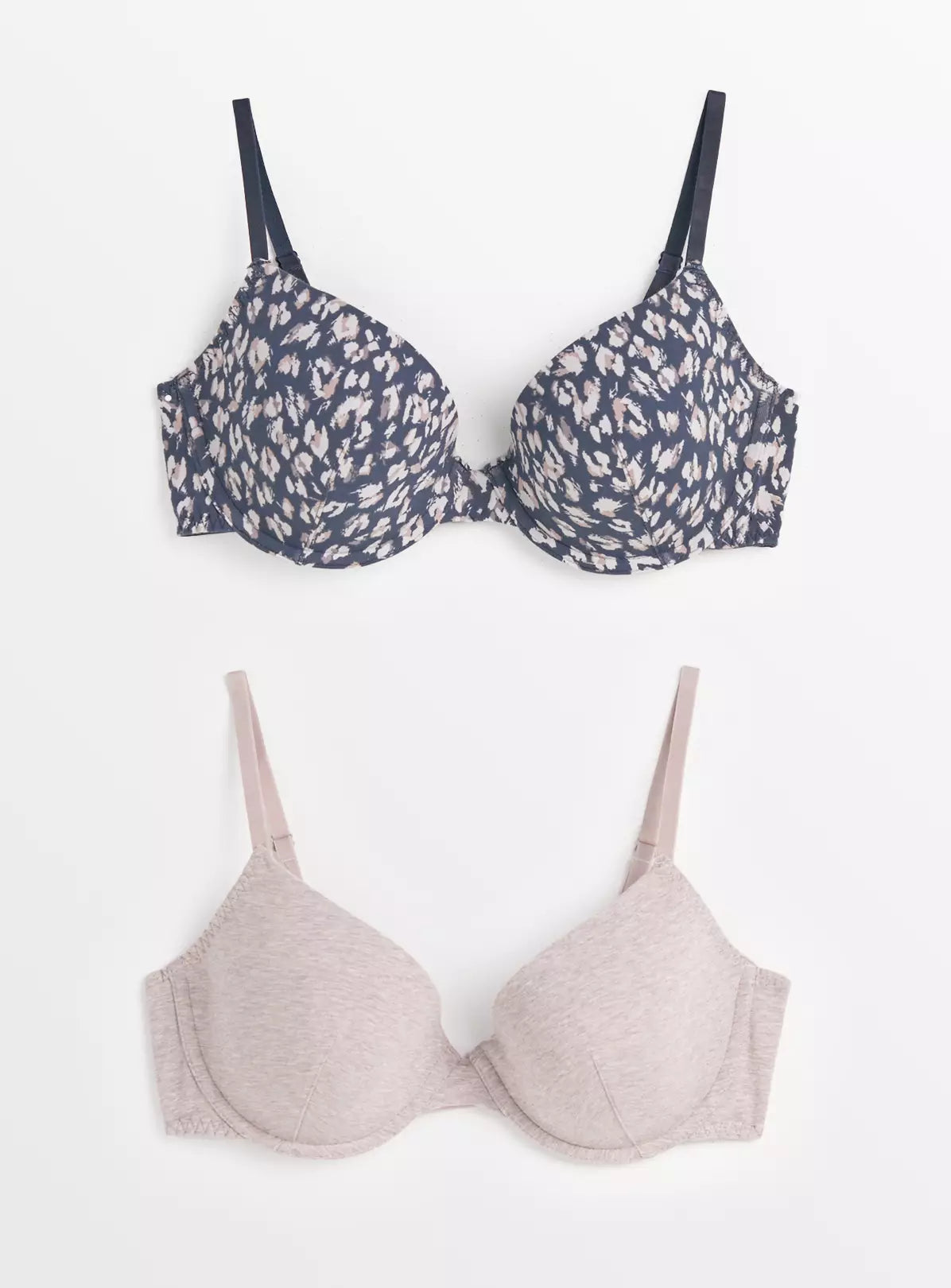  Navy Animal Print & Pink Marl Plunge T-Shirt Bra 2 Pack 34DD