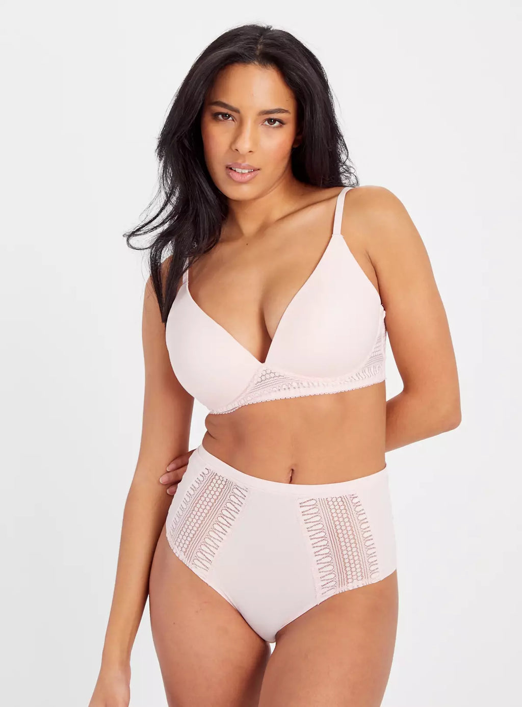  Light Pink Geometric Lace Plunge Bra 34C